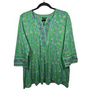 J Jill Wearever Top Womens L Green Tunic 3/4 Sleeve Split Neck Stretch Leaves